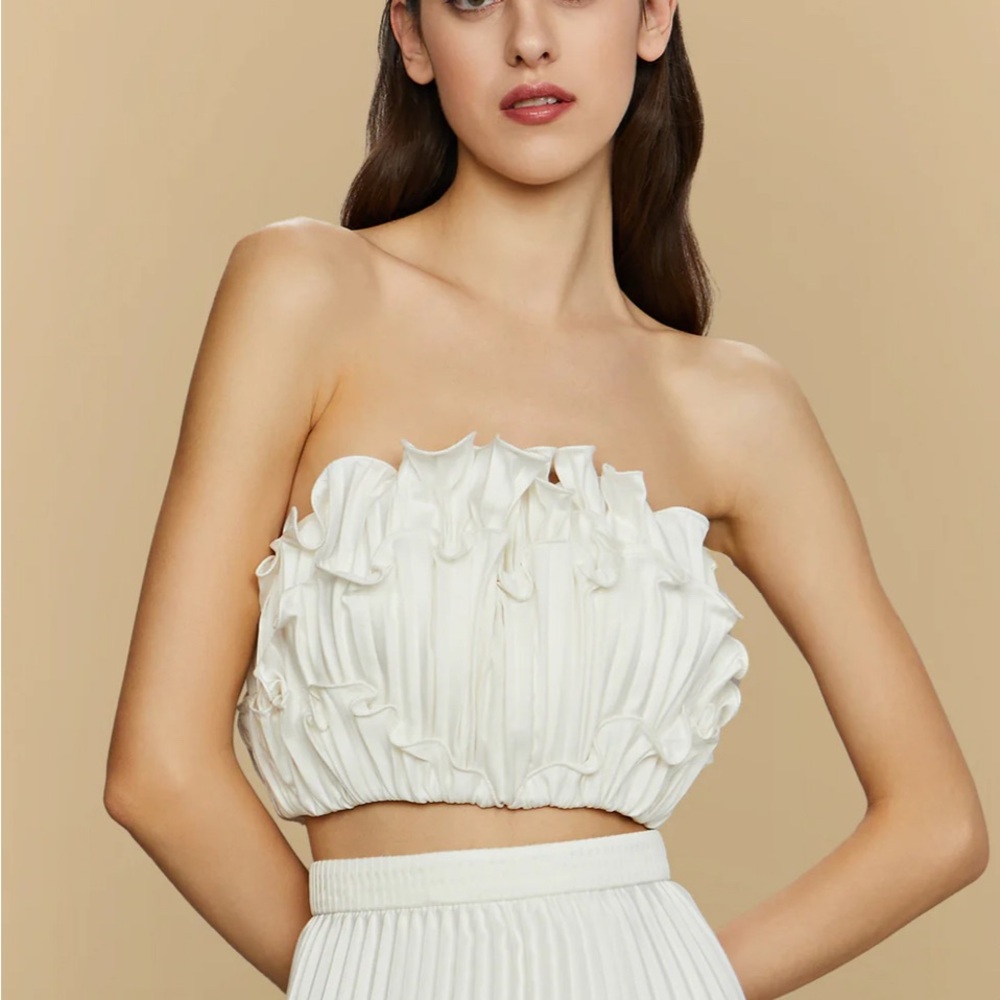 Strapless White Ruffled Crop Top